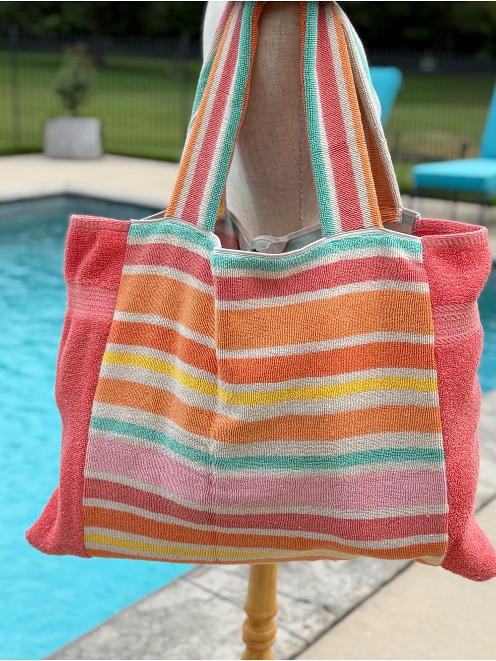 Striped Multicolor Sandfree Beach Towel Tote Bag - Pink, Orange & Pastel Strip